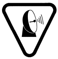 A Warning sign, bearing the words “Caution - Microwaves”, and “Attention - Micro-ondes”, described by an inverted triangle containing a satellite dish emitting a series of lines