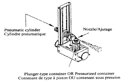Illustration depicting specifications for holding apparatus for a plunger type of pressurized container. Isometric view. The relative positions of the pneumatic cylinder, nozzle and plunger-type container OR pressurized container are shown. A pneumatic cyliner is mounted on a sliding rail and exerts a force on the actuator of a pressurized container. The base of the container is held in place by supports.