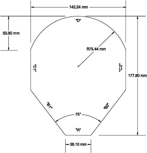 The template is flat and resembles the contour of a child’s head. It has a width of 142.24 mm and a height of 177.80 mm. The bottom of the template is horizontal, is 38.10 mm in length and is designated surface A. The sides are symmetrical in relation to the central axis of the bottom of the template and extend upwards and outwards in such a way that an angle of 37.5° exists between surface A and each of the sides that are designated surface B1 and surface B2, respectively. Those sides extend upwards and outwards until the template reaches its width of 142.24 mm. Two vertical sides, each of which is contiguous to one of the sides that extends outward, rise vertically such that the distance between the highest point of each vertical side and the top of the template is 50.80 mm. The vertical sides are designated surface C1 and surface C2, respectively. The top of the template is convex, has a radius of 75.44 mm and is designated surface D.
