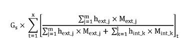 Gext is equal to Gs, multiplied by the summation for all time periods “t” of a quotient where the numerator is the summation of the products of hext_j and Mext_j for each heat stream “j”, and the denominator is the summation of the products of hext_j and Mext_j for each heat stream “j” plus the summation of the products of hint_k and Mint_k for each heat stream “k”.
