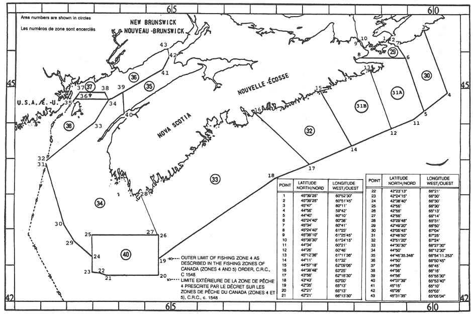 Carte des zones de pêche du homard avec les coordonnées géographiques en latitude et longitude de 43 points délimitant ces zones