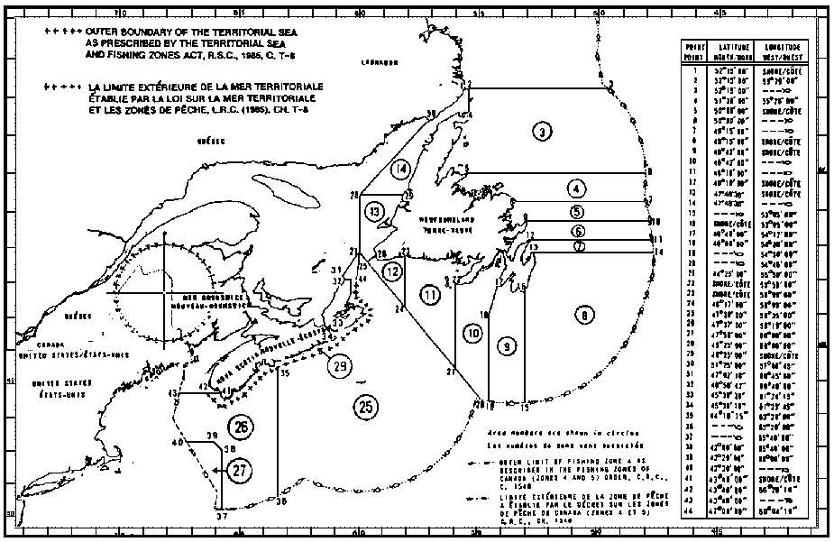 Carte des zones de pêche du pétoncle avec les coordonnées géographiques en latitude et longitude de 44 points délimitant ces zones