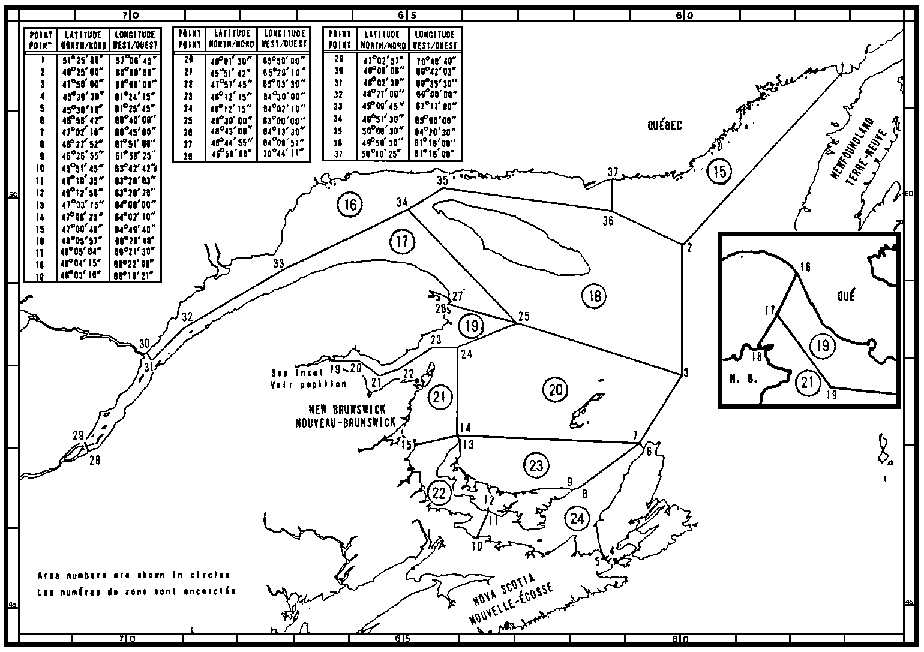 Carte des zones de pêche du pétoncle avec les coordonnées géographiques en latitude et longitude de 37 points délimitant ces zones