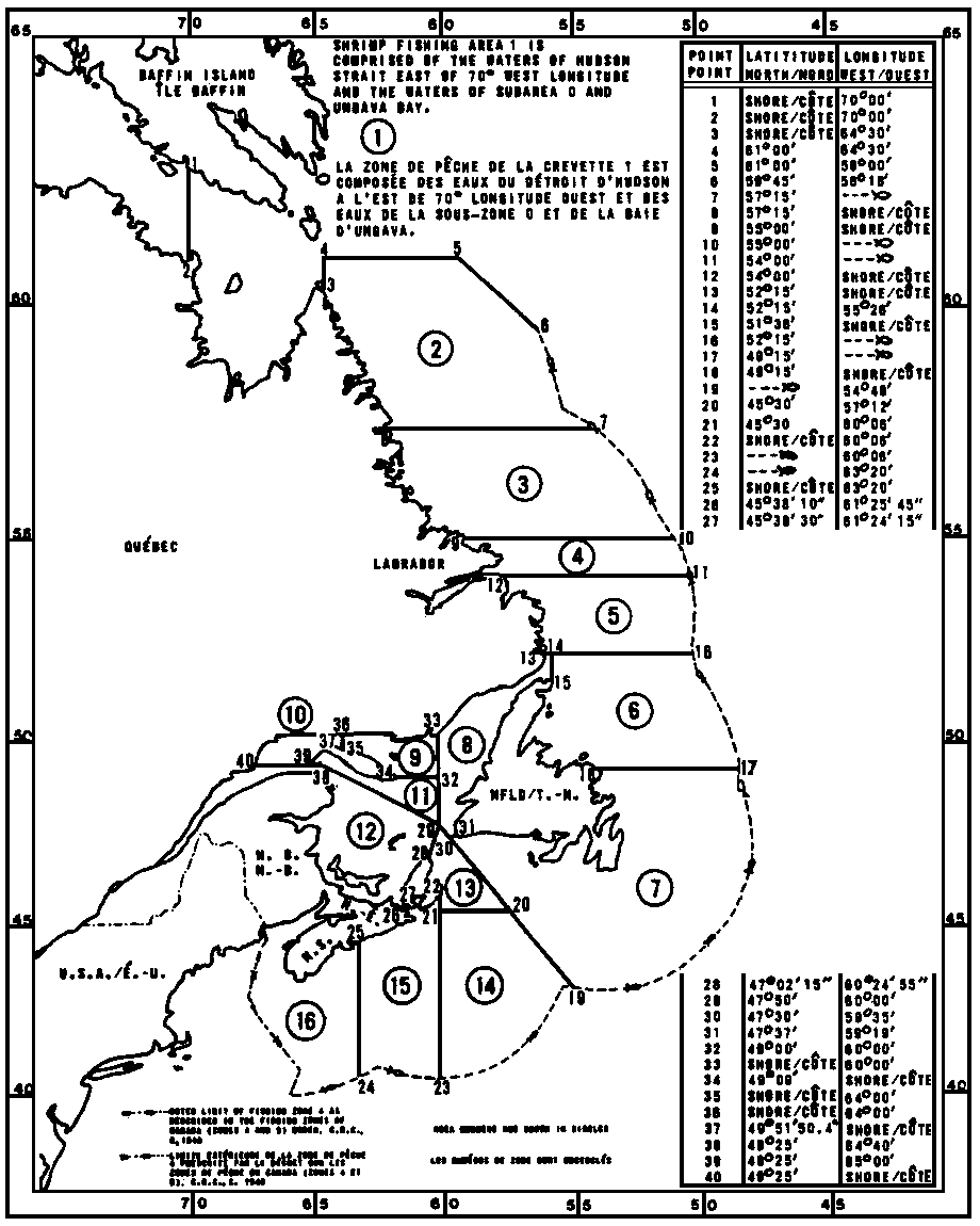 Carte des zones de pêche de la crevette avec les coordonnées géographiques en latitude et longitude de 40 points délimitant ces zones