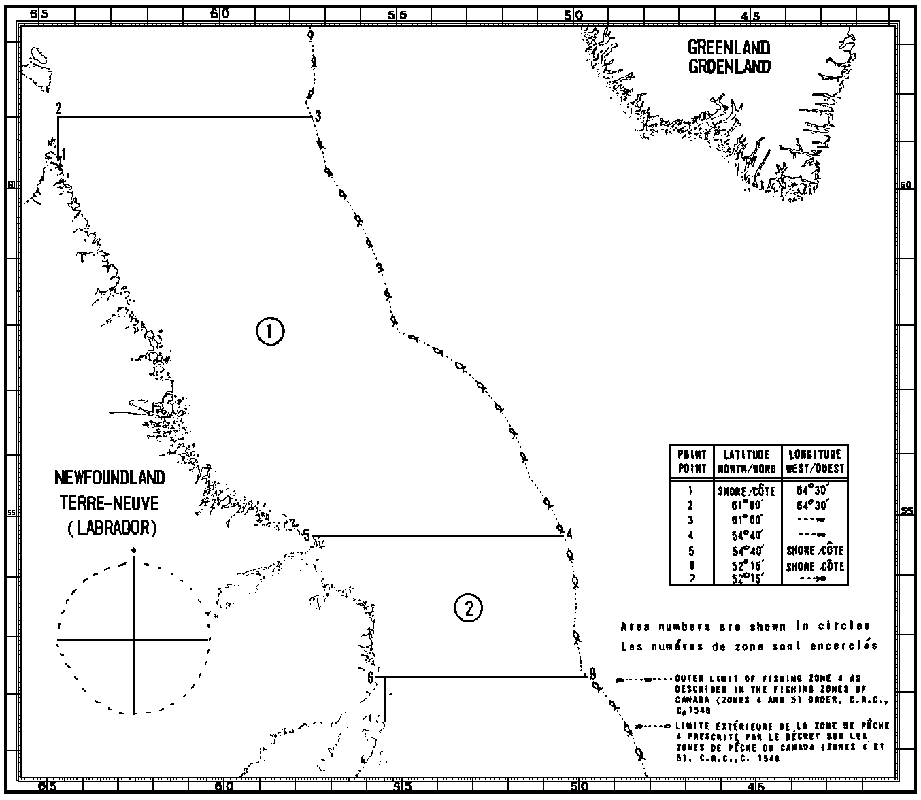 Carte des zones de pêche du saumon avec les coordonnées géographiques en latitude et longitude de 7 points délimitant ces zones