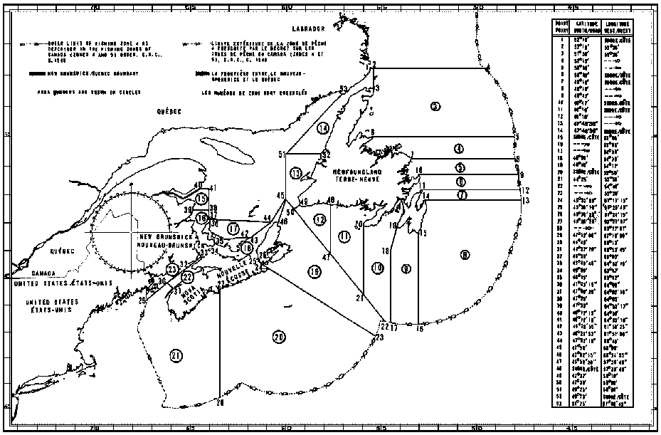 Carte des zones de pêche du saumon avec les coordonnées géographiques en latitude et longitude de 53 points délimitant ces zones