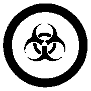 Un symbole pour un danger associé à des matières infectieuses, décrit par une esquisse d’un cercle contenant le symbole de matières infectieuses composé de trois croissants reliés par leur centre et situés au centre d’un petit cercle.