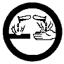 A symbol for a hazard associated with Corrosive Material, described by a circular border encompassing two tubes inside. One tube is pouring a corrosive substance and damaging a solid line and the other tube is pouring a corrosive substance and damaging a hand.