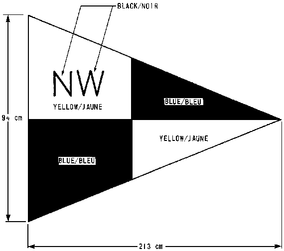 Inspection pennant, with specifications, in the shape of a triangle that is sideways with the end pointing towards the right. The pennant is divided into four parts with the letters NW in the top left part.