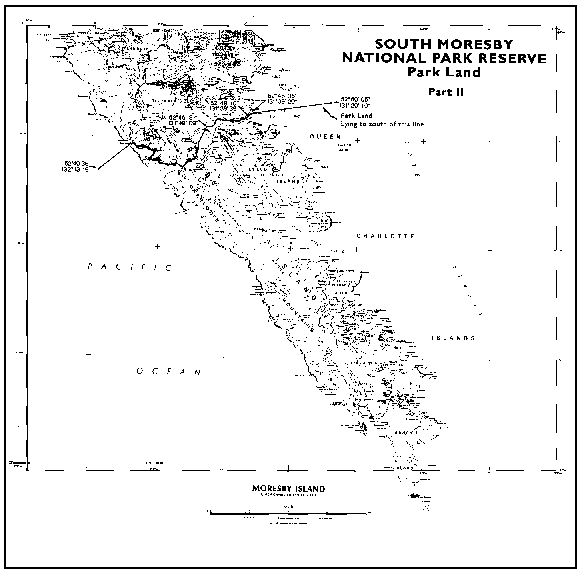 Carte des limites de la réserve de parc national de Moresby-Sud (maintenant connu sous réserve à vocation de parc national Gwaii Haanas du Canada).