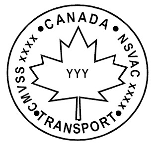 Symbole montrant la marque nationale de sécurité composé d’un contour d’un cercle avec le texte CANADA NSVAC XXXX TRANSPORT CMVSS XXXX d’inscrit le long de l’intérieur du cercle ainsi qu’un contour d’une feuille d’érable au milieu avec YYY au milieu de celui-ci.