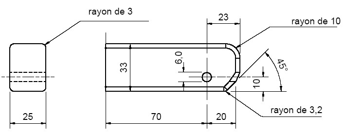 Diagramme de la vue de l’arrière et de côté du dispositif de contrôle pour le système d’attaches inférieures - Dimensions de l’enveloppe avec des mesures et des spécifications.