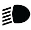 Symbol showing, in silhouette, the left side view of a parabolic reflector emitting five straight, parallel, oblique lines extending downwards.