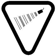 Étiquette de mise en garde qui est décrite par un triangle inversé contenant un petit rectangle avec une ligne courbée rattachée dans le coin droit émettant une série de lignes, avec “Attention - ultrasons, Caution-Ultrasound”