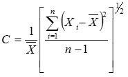 Le coefficient de variation, calculé au moyen de l’équation “C est égal à un divisé par X barré multiplié par, ouvrir la parenthèse carrée, la somme de i égale à un jusqu`a n, ouvrir la parenthèse, x indice i moins X barré, fermer la parenthèse, au carré, divisé par n moins un, fermer la parenthèse carrée, à la puissance une demie”