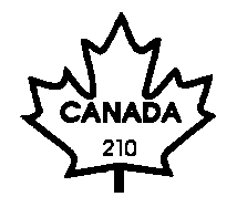 Outline of a maple leaf with the word CANADA and the number 210 inside.