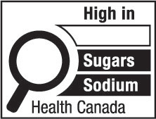 This figure shows a nutrition symbol for the principal display panel that indicates that a prepackaged product is high in sugars and sodium. This symbol is in English only. There is a white rectangular box outlined by a thin black line. At the top of the box is the heading “High in” in black, bold, lower case letters, except that the first letter of the first word is in upper case. Under the heading is a left-justified black magnifying glass with three bars stacked to its right. There is a small amount of white space between the magnifying glass and the left side of the three bars. This left side forms a concave curve that follows the curvature of the magnifying glass. There is a small amount of white space between each bar, as well as between the right side of the bars and the thin black line that outlines the box. The first bar is white, is outlined by a thin black line and contains no words. The second bar is black and contains the word “Sugars” in white, bold, lower case letters, except that the first letter is in upper case. The third bar is black and contains the word “Sodium” in white, bold, lower case letters, except that the first letter is in upper case. Centred at the bottom of the box are the words “Health Canada” in black, lower case letters, except that the first letter of each word is in upper case.