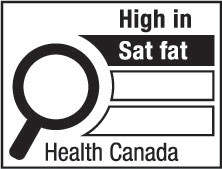 This figure shows a nutrition symbol for the principal display panel that indicates that a prepackaged product is high in saturated fat. This symbol is in English only. There is a white rectangular box outlined by a thin black line. At the top of the box is the heading “High in” in black, bold, lower case letters, except that the first letter of the first word is in upper case. Under the heading is a left-justified black magnifying glass with three bars stacked to its right. There is a small amount of white space between the magnifying glass and the left side of the three bars. This left side forms a concave curve that follows the curvature of the magnifying glass. There is a small amount of white space between each bar, as well as between the right side of the bars and the thin black line that outlines the box. The first bar is black and contains the words “Sat fat” in white, bold, lower case letters, except that the first letter of the first word is in upper case. The second and third bars are white, are outlined by a thin black line and contain no words. Centred at the bottom of the box are the words “Health Canada” in black, lower case letters, except that the first letter of each word is in upper case.