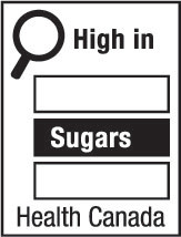 This figure shows a nutrition symbol for the principal display panel that indicates that a prepackaged product is high in sugars. This symbol is in English only. There is a white rectangular box outlined by a thin black line. At the top left of the box is a black magnifying glass. To the right of the magnifying glass is the heading “High in” in black, bold, lower case letters, except that the first letter of the first word is in upper case. Under the heading are three bars that are stacked. There is a small amount of white space between each bar, as well as between both ends of the bars and the thin black line that outlines the box. The first and third bars are white, are outlined by a thin black line and contain no words. The second bar is black and contains the word “Sugars” in white, bold, lower case letters, except that the first letter is in upper case. Centred at the bottom of the box are the words “Health Canada” in black, lower case letters, except that the first letter of each word is in upper case.