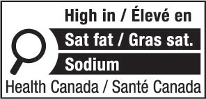This figure shows a nutrition symbol for the principal display panel that indicates that a prepackaged product is high in saturated fat and sodium. This symbol is bilingual, with the English text shown first, followed by the French text. There is a white rectangular box outlined by a thin black line. At the top of the box is a heading composed of the words “High in” followed by a forward slash and the words “Élevé en” in black, bold, lower case letters, except that the first letter of the words “High” and “Élevé” are in upper case. Under the heading is a left-justified black magnifying glass with two bars stacked to its right. There is a small amount of white space between the magnifying glass and the left side of the two bars. The left side of the two bars forms a concave curve that follows the curvature of the magnifying glass. There is a small amount of white space between each bar, as well as between the right side of the bars and the thin black line that outlines the box. The first bar is black and contains the words “Sat fat” followed by a forward slash and the words “Gras sat.” in white, bold, lower case letters, except that the first letter of the words “Sat” and “Gras” are in upper case. The second bar is black and contains the word “Sodium” in white, bold, lower case letters, except that the first letter is in upper case. Centred at the bottom of the box are the words “Health Canada” followed by a forward slash and the words “Santé Canada” in black, lower case letters, except that the first letter of each word is in upper case.