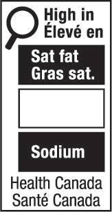 This figure shows a nutrition symbol for the principal display panel that indicates that a prepackaged product is high in saturated fat and sodium. This symbol is bilingual, with the English text shown first, followed by the French text. There is a white rectangular box outlined by a thin black line. At the top left of the box is a black magnifying glass. To the right of the magnifying glass is a heading composed of the words “High in” above the words “Élevé en” in black, bold, lower case letters, except that the first letter of the words “High” and “Élevé” are in upper case. Under the heading are three bars that are stacked. There is a small amount of white space between each bar, as well as between both ends of the bars and the thin black line that outlines the box. The first bar is black and contains the words “Sat fat” above the words “Gras sat.” in white, bold, lower case letters, except that the first letter of the words “Sat” and “Gras” are in upper case. The second bar is white, is outlined by a thin black line and contains no words. The third bar is black and contains the word “Sodium” in white, bold, lower case letters, except that the first letter is in upper case. Centred at the bottom of the box are the words “Health Canada” above the words “Santé Canada” in black, lower case letters, except that the first letter of each word is in upper case.