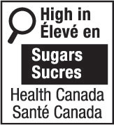 This figure shows a nutrition symbol for the principal display panel that indicates that a prepackaged product is high in sugars. This symbol is bilingual, with the English text shown first, followed by the French text. There is a white rectangular box outlined by a thin black line. At the top left of the box is a black magnifying glass. To the right of the magnifying glass is a heading composed of the words “High in” above the words “Élevé en” in black, bold, lower case letters, except that the first letter of the words “High” and “Élevé” are in upper case. Under the heading is one horizontal bar. There is a small amount of white space between both ends of the bar and the thin black line that outlines the box. The bar is black and contains the word “Sugars” above the word “Sucres” in white, bold, lower case letters, except that the first letter of each word is in upper case. Centred at the bottom of the box are the words “Health Canada” above the words “Santé Canada” in black, lower case letters, except that the first letter of each word is in upper case.