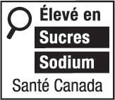 This figure shows a nutrition symbol for the principal display panel that indicates that a prepackaged product is high in sugars and sodium. This symbol is in French only. There is a white rectangular box outlined by a thin black line. At the top left of the box is a black magnifying glass. To the right of the magnifying glass is the heading “Élevé en” in black, bold, lower case letters, except that the first letter of the first word is in upper case. Under the heading are two bars that are stacked. There is a small amount of white space between each bar, as well as between the right side of the bars and the thin black line that outlines the box. The first bar is black and contains the word “Sucres” in white, bold, lower case letters, except that the first letter is in upper case. The second bar is black and contains the word “Sodium” in white, bold, lower case letters, except that the first letter is in upper case. Centred at the bottom of the box are the words “Santé Canada” in black, lower case letters, except that the first letter of each word is in upper case.