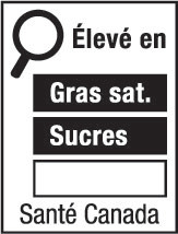 This figure shows a nutrition symbol for the principal display panel that indicates that a prepackaged product is high in saturated fat and sugars. This symbol is in French only. There is a white rectangular box outlined by a thin black line. At the top left of the box is a black magnifying glass. To the right of the magnifying glass is the heading “Élevé en” in black, bold, lower case letters, except that the first letter of the first word is in upper case. Under the heading are three bars that are stacked. There is a small amount of white space between each bar, as well as between both ends of the bars and the thin black line that outlines the box. The first bar is black and contains the words “Gras sat.” in white, bold, lower case letters, except that the first letter of the first word is in upper case. The second bar is black and contains the word “Sucres” in white, bold, lower case letters, except that the first letter is in upper case. The third bar is white, is outlined by a thin black line and contains no words. Centred at the bottom of the box are the words “Santé Canada” in black, lower case letters, except that the first letter of each word is in upper case.