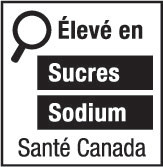 This figure shows a nutrition symbol for the principal display panel that indicates that a prepackaged product is high in sugars and sodium. This symbol is in French only. There is a white rectangular box outlined by a thin black line. At the top left of the box is a black magnifying glass. To the right of the magnifying glass is the heading “Élevé en” in black, bold, lower case letters, except that the first letter of the first word is in upper case. Under the heading are two bars that are stacked. There is a small amount of white space between each bar, as well as between both ends of the bars and the thin black line that outlines the box. The first bar is black and contains the word “Sucres” in white, bold, lower case letters, except that the first letter is in upper case. The second bar is black and contains the word “Sodium” in white, bold, lower case letters, except that the first letter is in upper case. Centred at the bottom of the box are the words “Santé Canada” in black, lower case letters, except that the first letter of each word is in upper case.