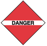Carré rouge reposant sur une pointe avec une bande médiane blanche sur laquelle est inscrit « DANGER » en noir.