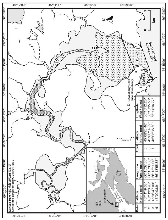 Carte de la zone de protection marine de l’estuaire Musquash. Les zones de gestion qui la composent sont délimitées par les coordonnées géographiques de latitude et longitude de sept points.