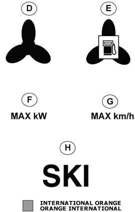 D contains a propeller symbol. E contains a propeller symbol superimposed by a gas pump. F contains the words MAX kW. G contains the words MAX km/h. H contains the word SKI. There is also a grey shade box signifying International Orange.