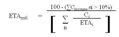 ETA, indice mél, est égale au quotient suivant : dividende de 100 moins, ouvrir la parenthèse, la somme, indiquée par le symbole sigma majuscule, de la série C majuscule avec inconnu en indice si la valeur de ce dernier est plus grande que 10,0 %, fermer la parenthèse, divisé par le diviseur suivant : ouvrir le crochet, la somme, indiquée par le symbole sigma majuscule, à partir de n, de la série C majuscule, indice i, divisée par ETA, indice i, fermer le crochet