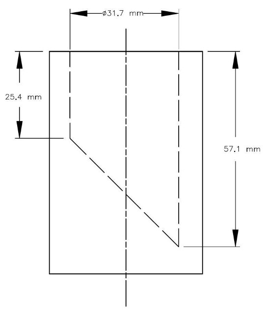 A sectional view of the small parts cylinder which is a hollow cylinder with an inner diameter of 31.7 mm. The inner base of the cylinder is diagonal at a 45° angle so that the minimum depth of the cylinder is 25.4 mm and the maximum depth of the cylinder is 57.1 mm.