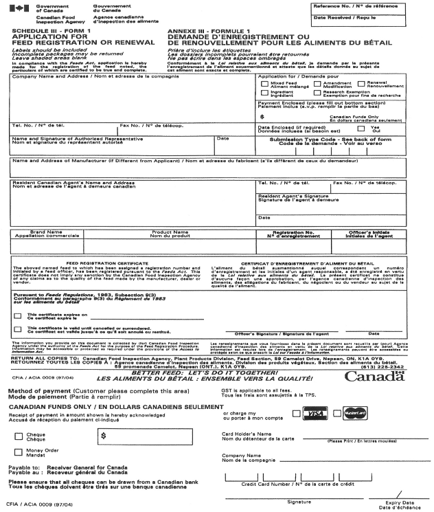 Form I – Application for Feed Registration or Renewal form