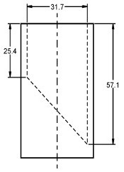 Figure D. Illustration of measurements for a small parts cylinder. The small parts cylinder is a hollow cylinder with an inner diameter of 31.7 mm. A plate (or similar device) is placed inside the cylinder at a 45 degree angle such that the minimum depth of the cylinder is 25.4 mm and the maximum depth of the cylinder is 57.1 mm. No specifications are provided for the wall or floor thickness of the cylinder.