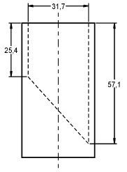 Figure D. Mesures et illustration d’un cylindre pour petites pièces. Le cylindre pour petites pièces est un cylindre vide dont le diamètre intérieur mesure 31,7 mm. Une plaque (ou un dispositif semblable) est placée à l’intérieur du cylindre sur un angle de 45  degrés de sorte que la profondeur minimum du cylindre est de 25,4 mm et la profondeur maximale est de 57,1 mm. L’épaisseur du fond ou de la paroi du cylindre n’est pas précisée.