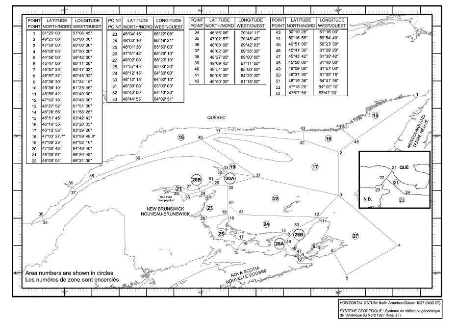 Carte des zones de pêche du homard avec les coordonnées géographiques en latitude et longitude de 53 points délimitant ces zones