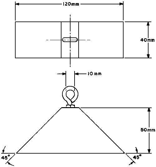 Illustration depicting specifications and measurements of the metallic loading wedge for the test of openings for cribs, cradles and bassinets. The loading wedge is in the shape of a trapezoidal prism. The trapezoidal face has the following measurements: a base of 120 mm, a height of 50 mm, and both of the base angles are 45 degrees. The depth of the prism is 40 mm. An eyebolt rises from the top of the prism and has a 10 mm hole in it.
