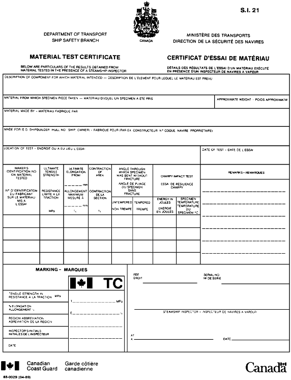 Material Test Certificate form