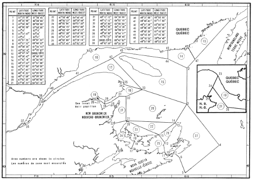 Carte des zones de pêche du phoque avec les coordonnées géographiques en latitude et longitude de 47 points délimitant ces zones.