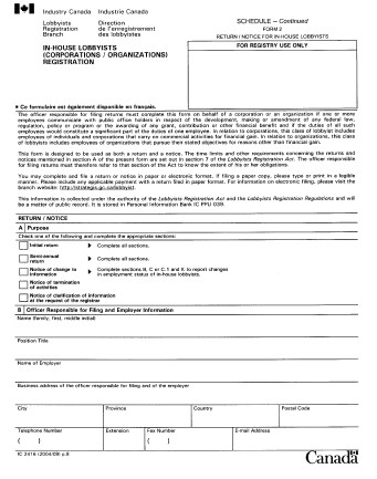 Form 2 Return / Notice for In-house Lobbyists - In-house Lobbyists (Corporations / Organizations) Registration form